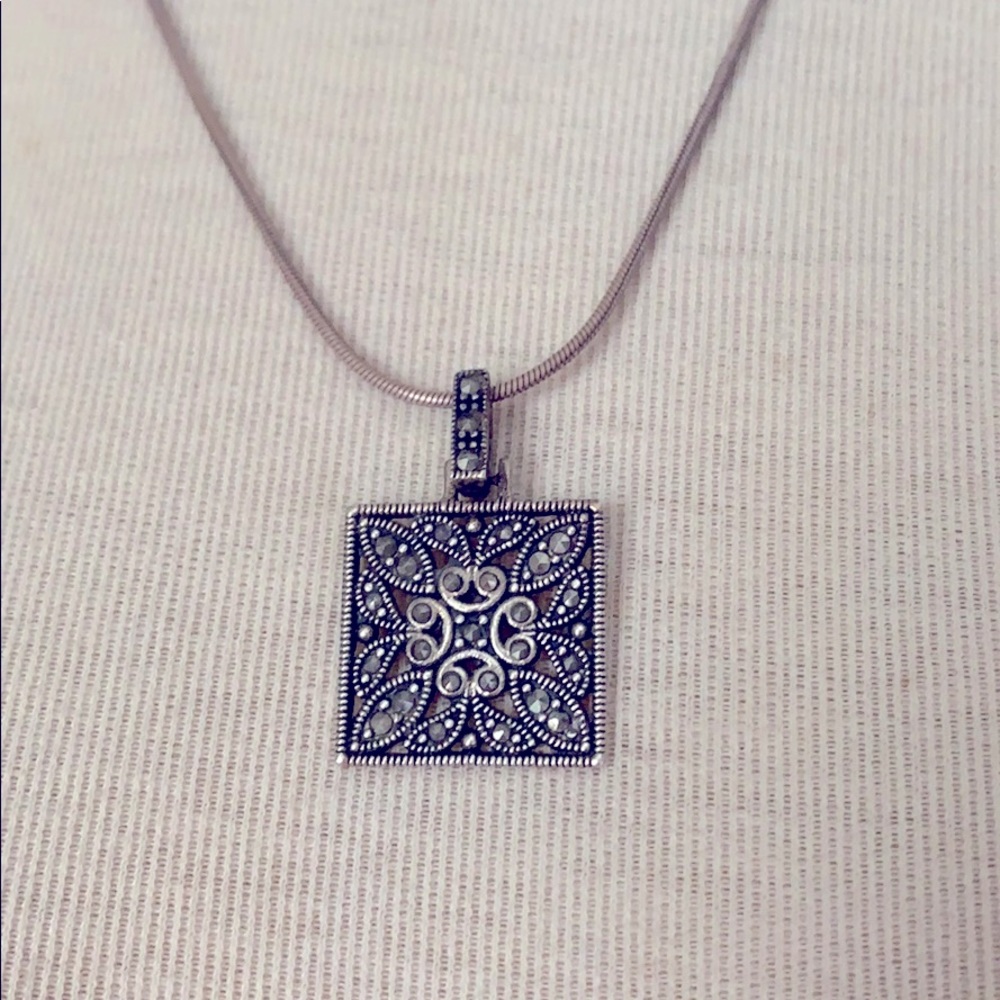 Silver Square Marcasite Pendant Necklace